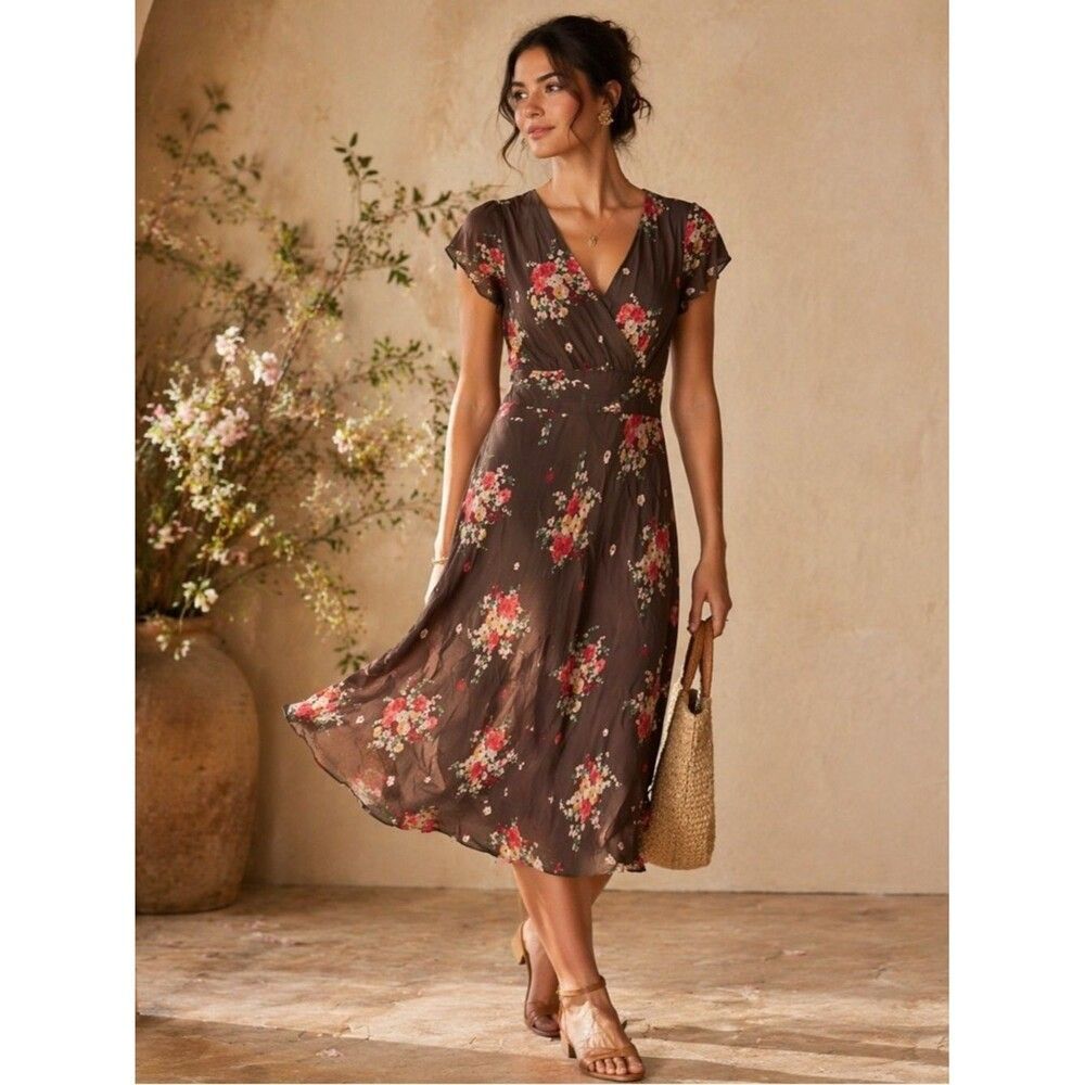 David Warren New York 100% Silk Brown Floral Midi Dress Size 10 V Neck